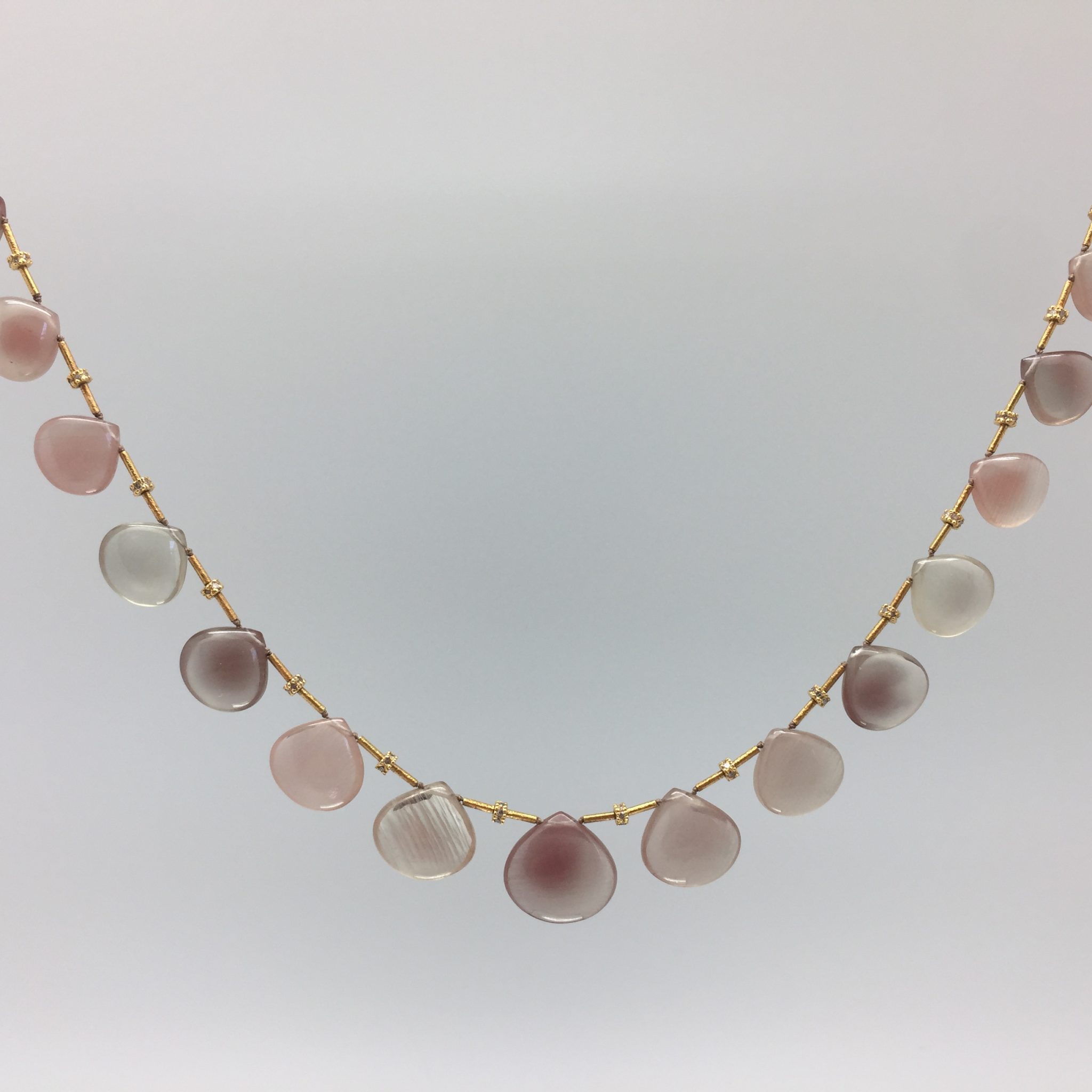 Daydreaming in Sunstones: Sunstone necklace of opaque smooth clam-shaped briolettes spaced with 18K gold tubes and 14K rondelle beads studded with diamonds. Item N00006 cover photo