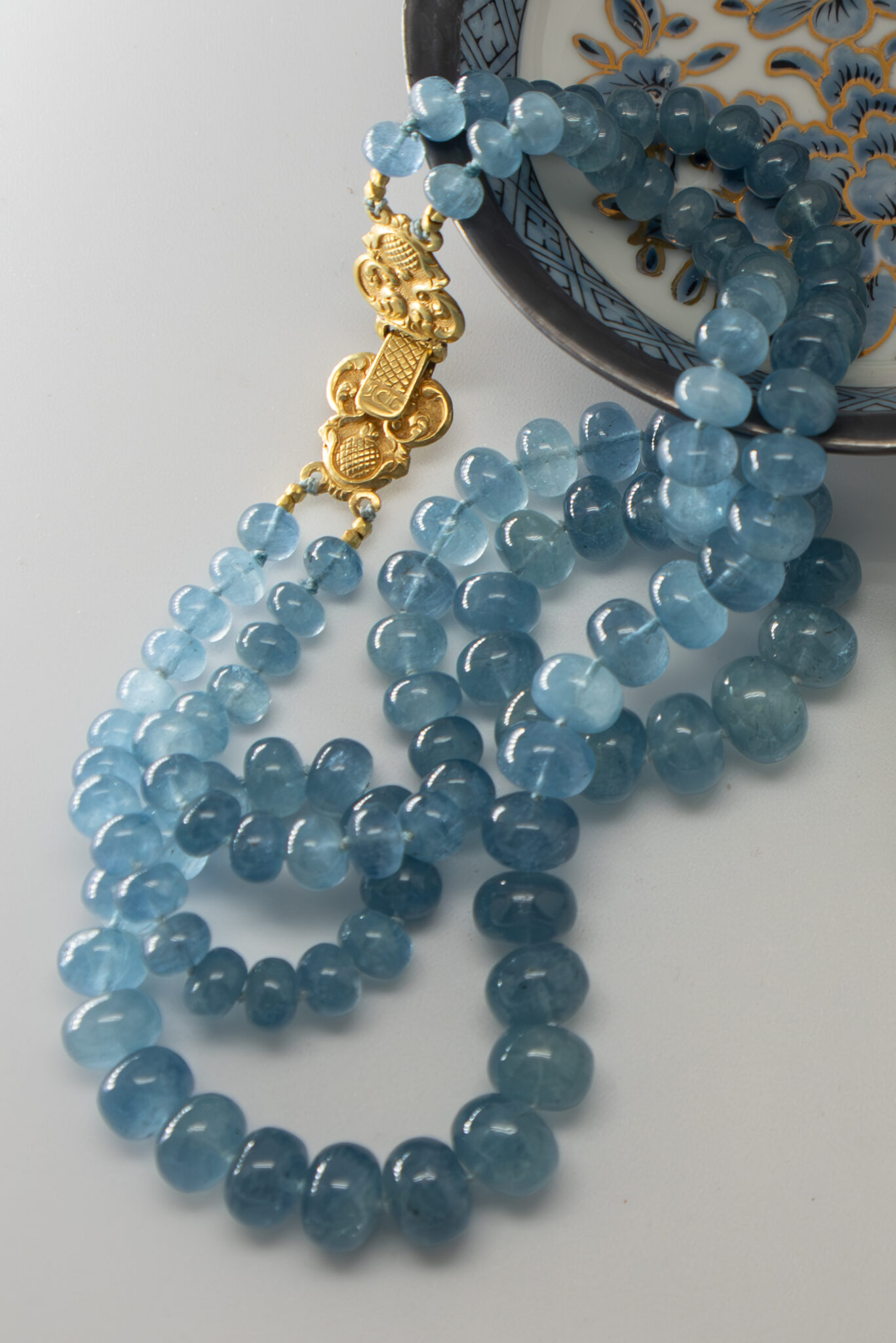 Double strand moss aquamarine bead necklace with Cape Town Gold antique clasp