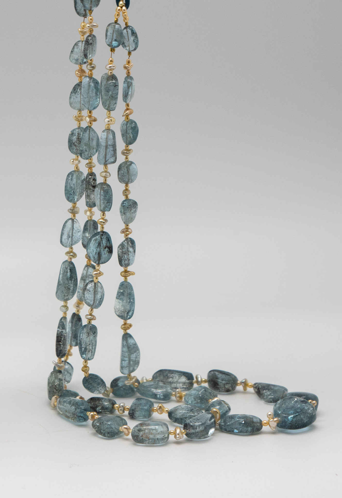 aquamarine crystals double-strand necklace showing inclusion detail