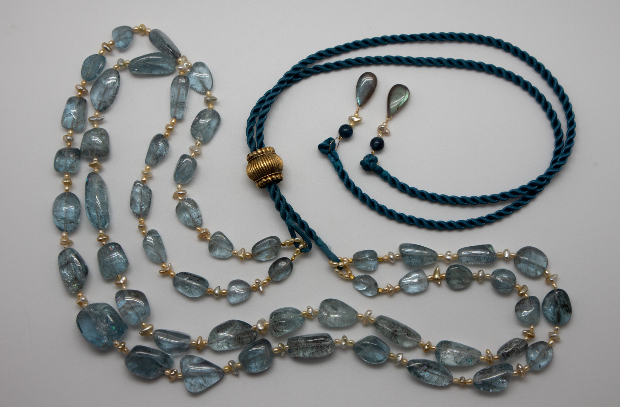 aquamarine crystals double-strand necklace with silk cords and antiques gold bead clasp