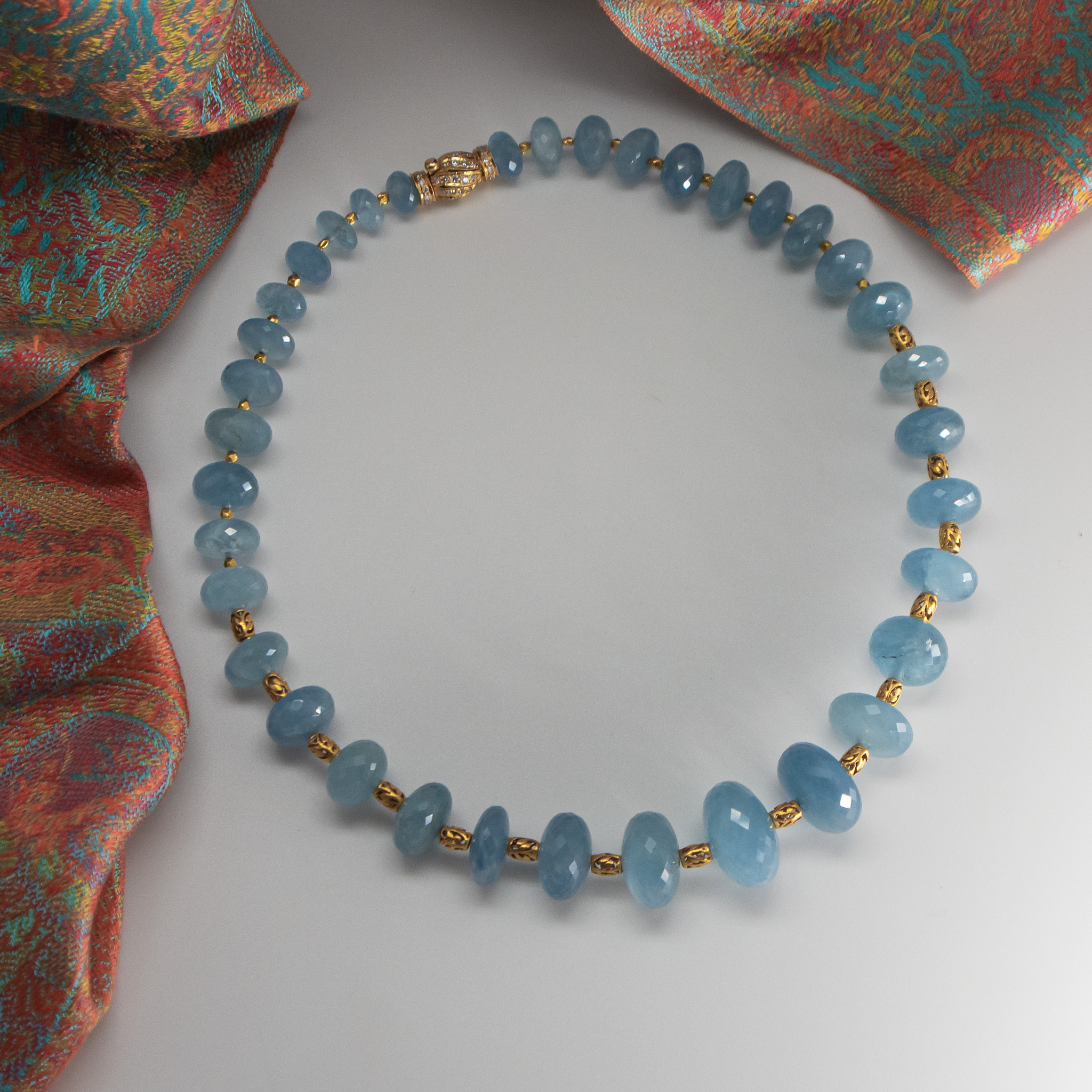 Moss Aquamarine faceted bead necklace with 18K gold spacers