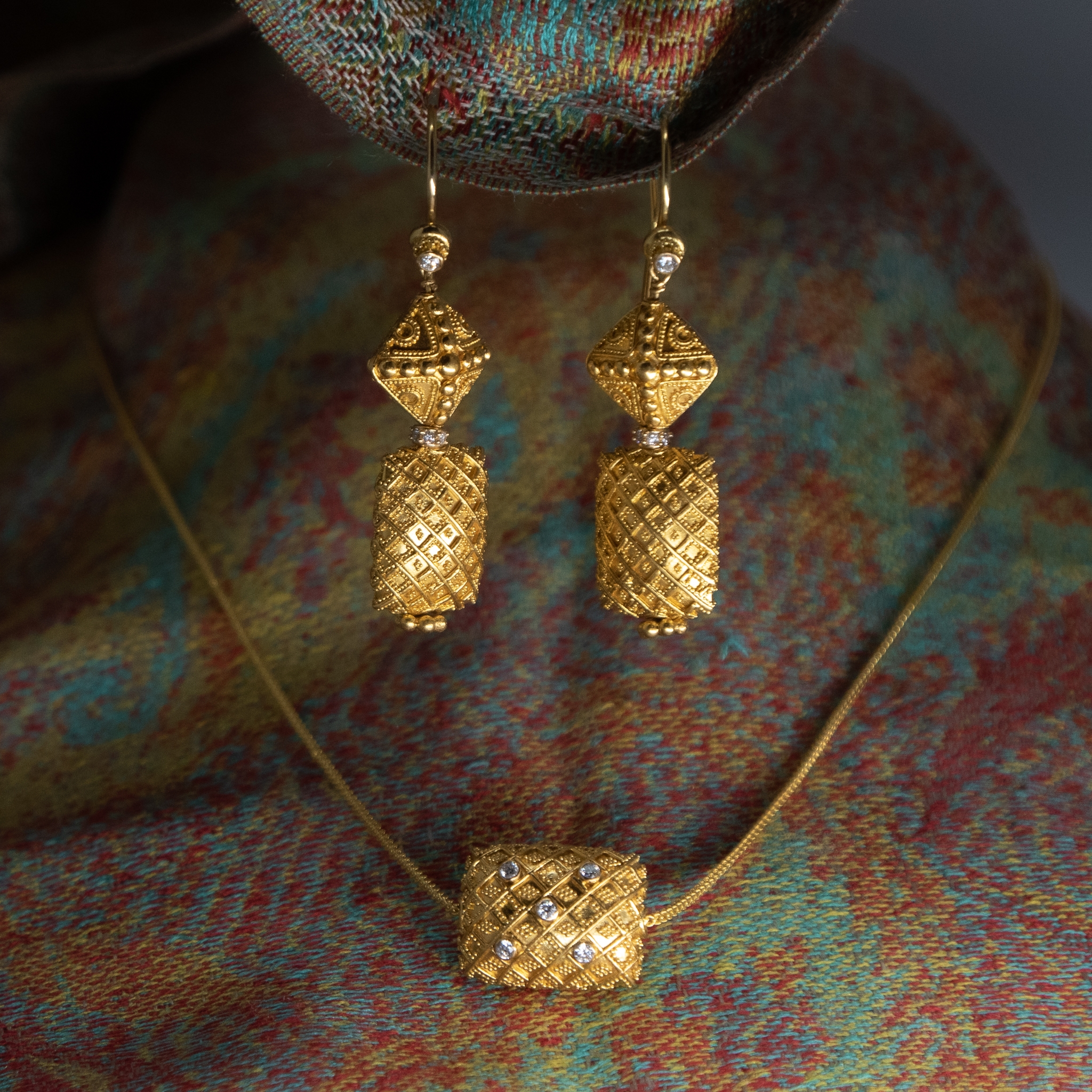 Bali Gold granulated bead earrings with diamond rondelles