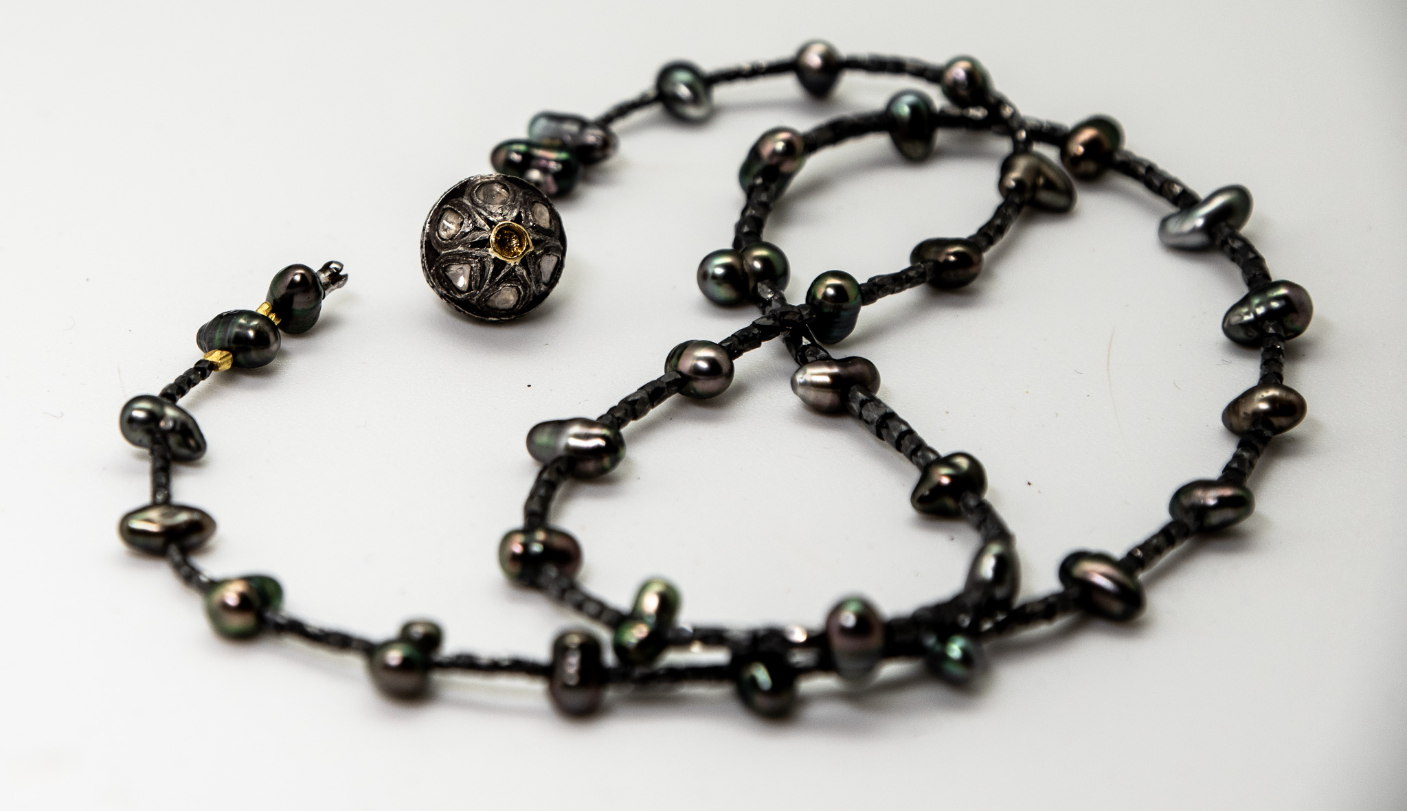 Black Diamond & Tahitian Keshi Pearl Necklace showing tube & key clasp