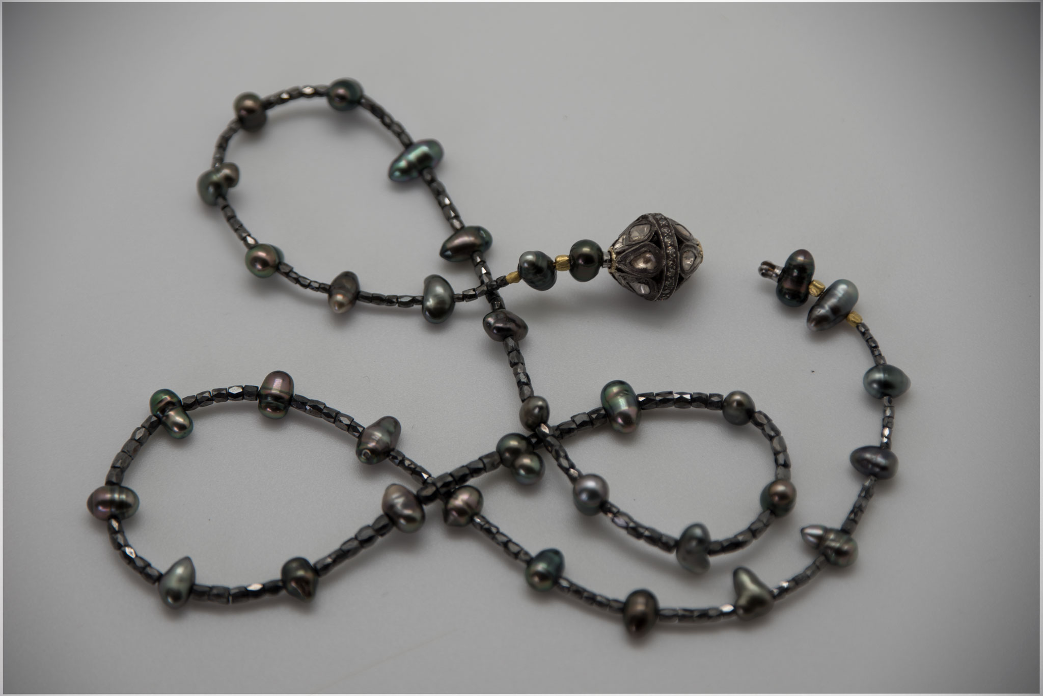Black Diamond Tahitian Pearl Necklace showing pearls and clasp open