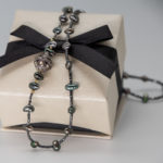Black diamond faceted bead and Tahitian Keshi pearl necklace with diamond bead clasp