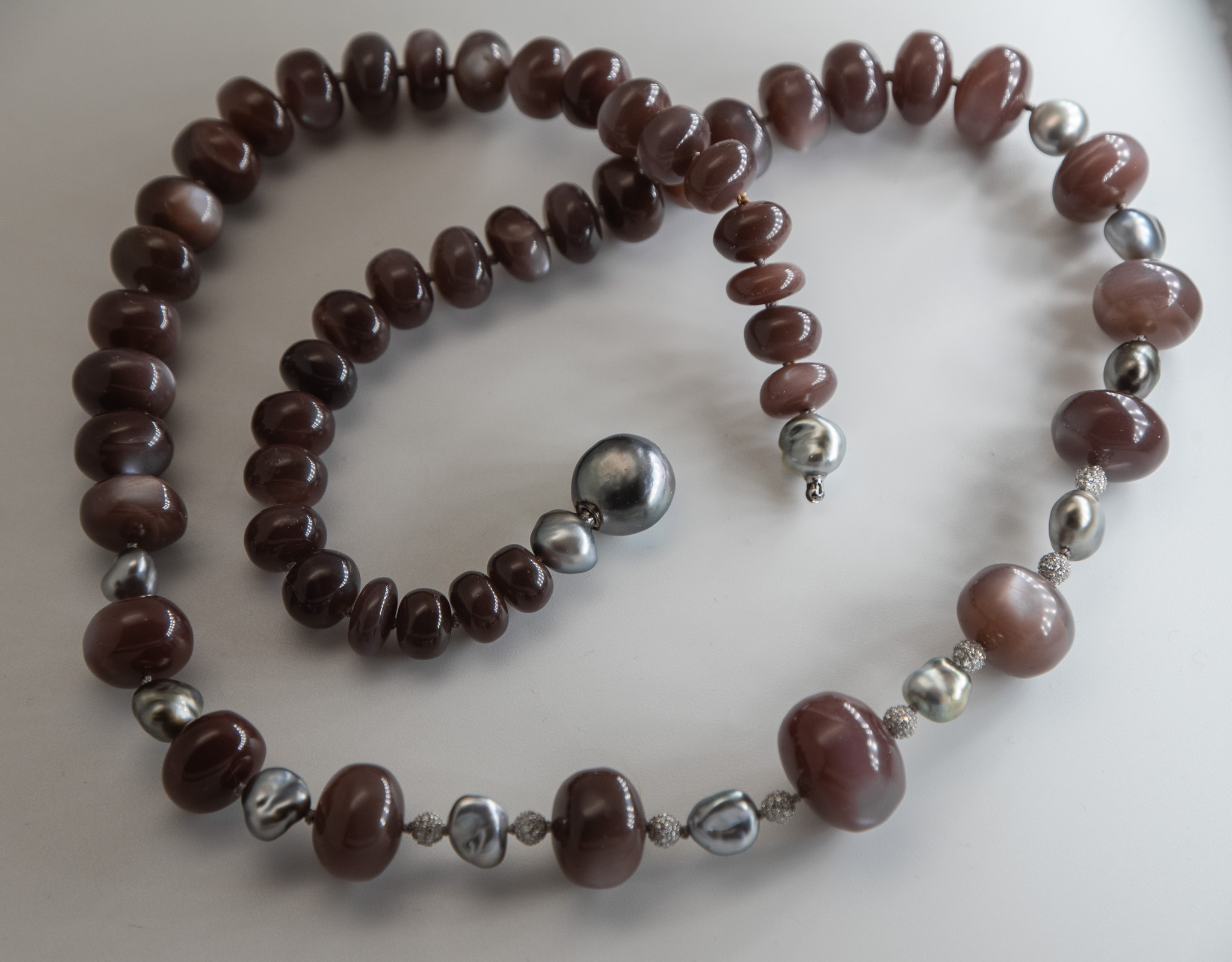 Chocolate moonstones, 18K white gold diamond beads and Tahitian Keshi pearls, showing 13mm pearl clasp open