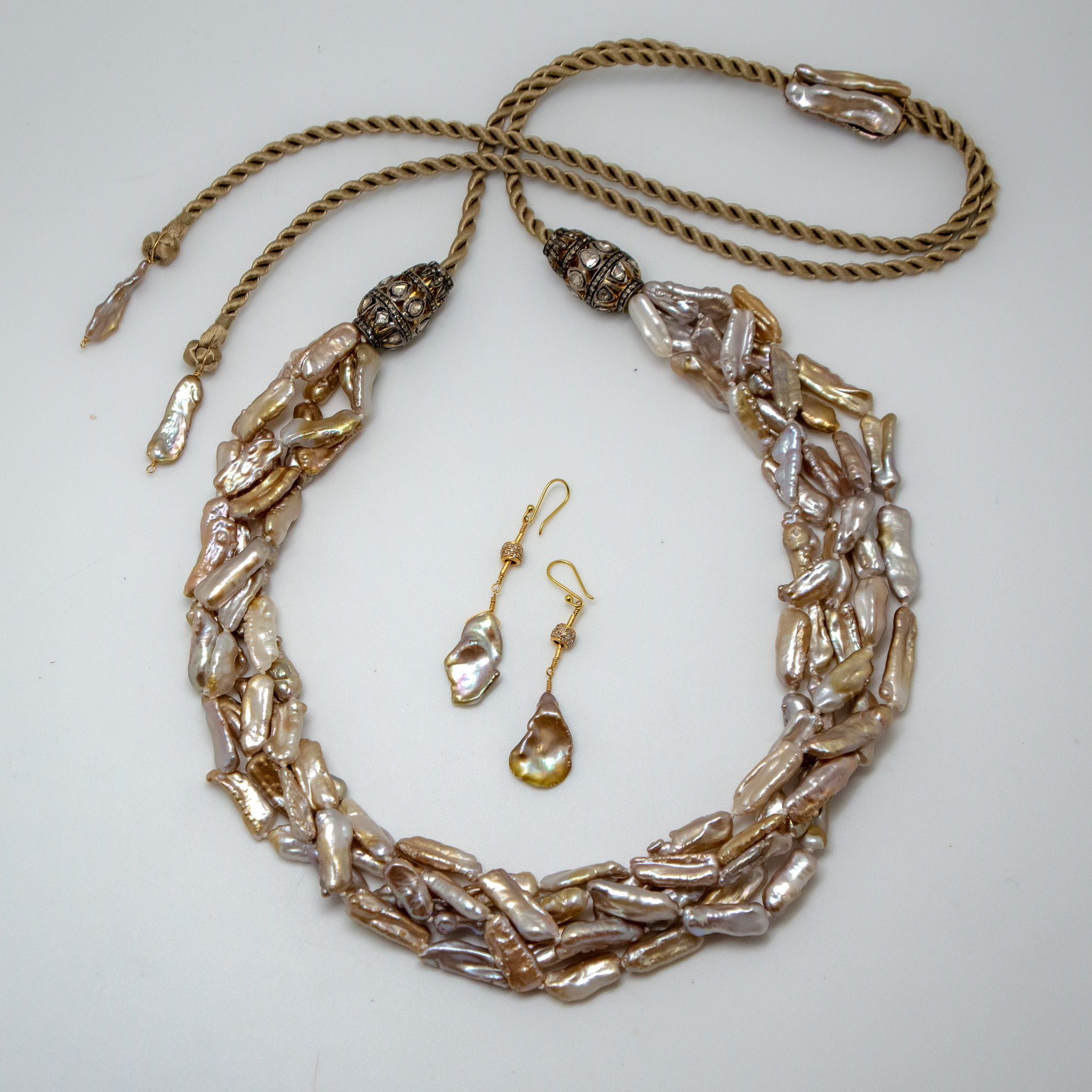 five strands of freshwater "Biwa" stick pearls twist into a shimmering rope