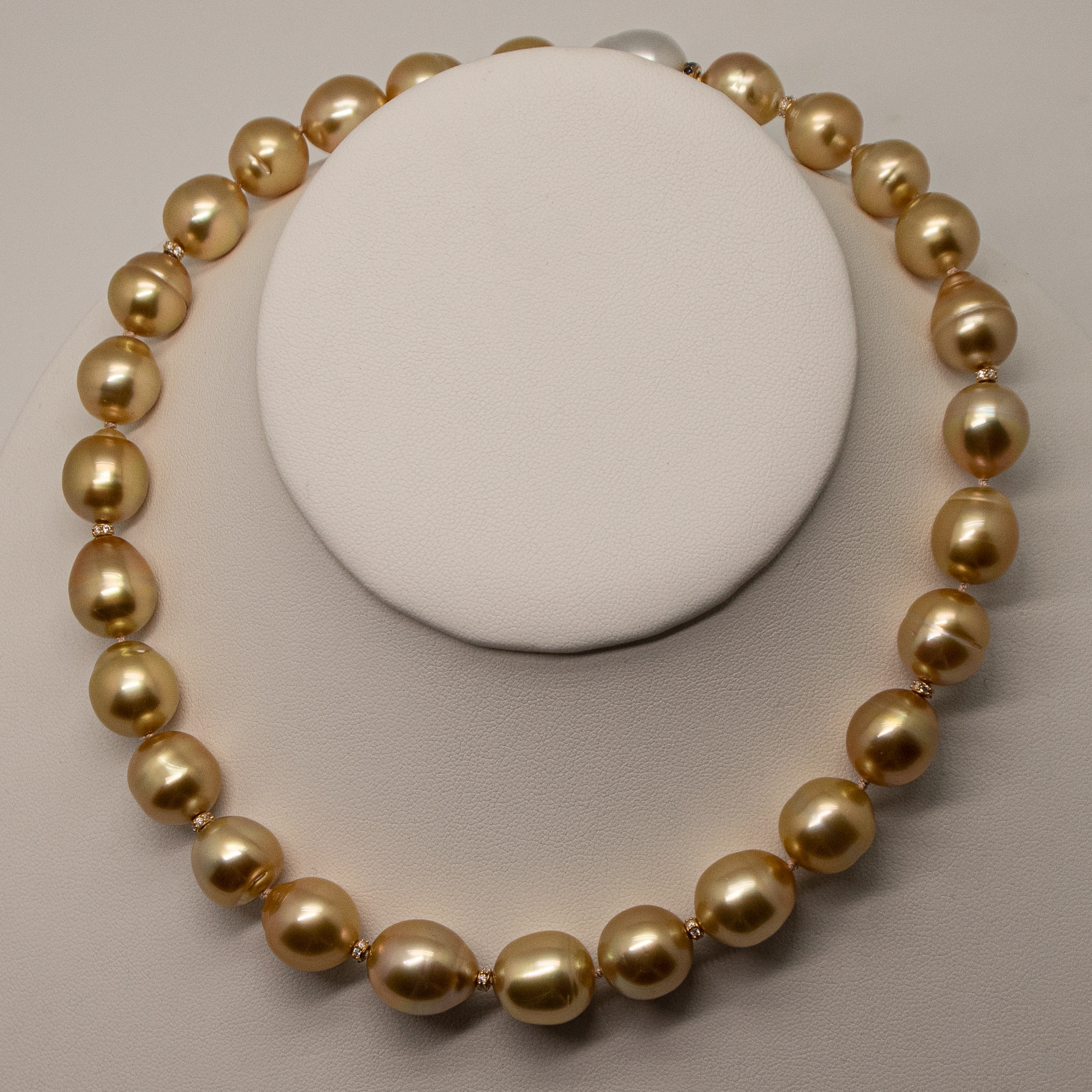 12mm x 13.9mm Baroque Golden South Sea pearl choker with diamond rondelle spacers