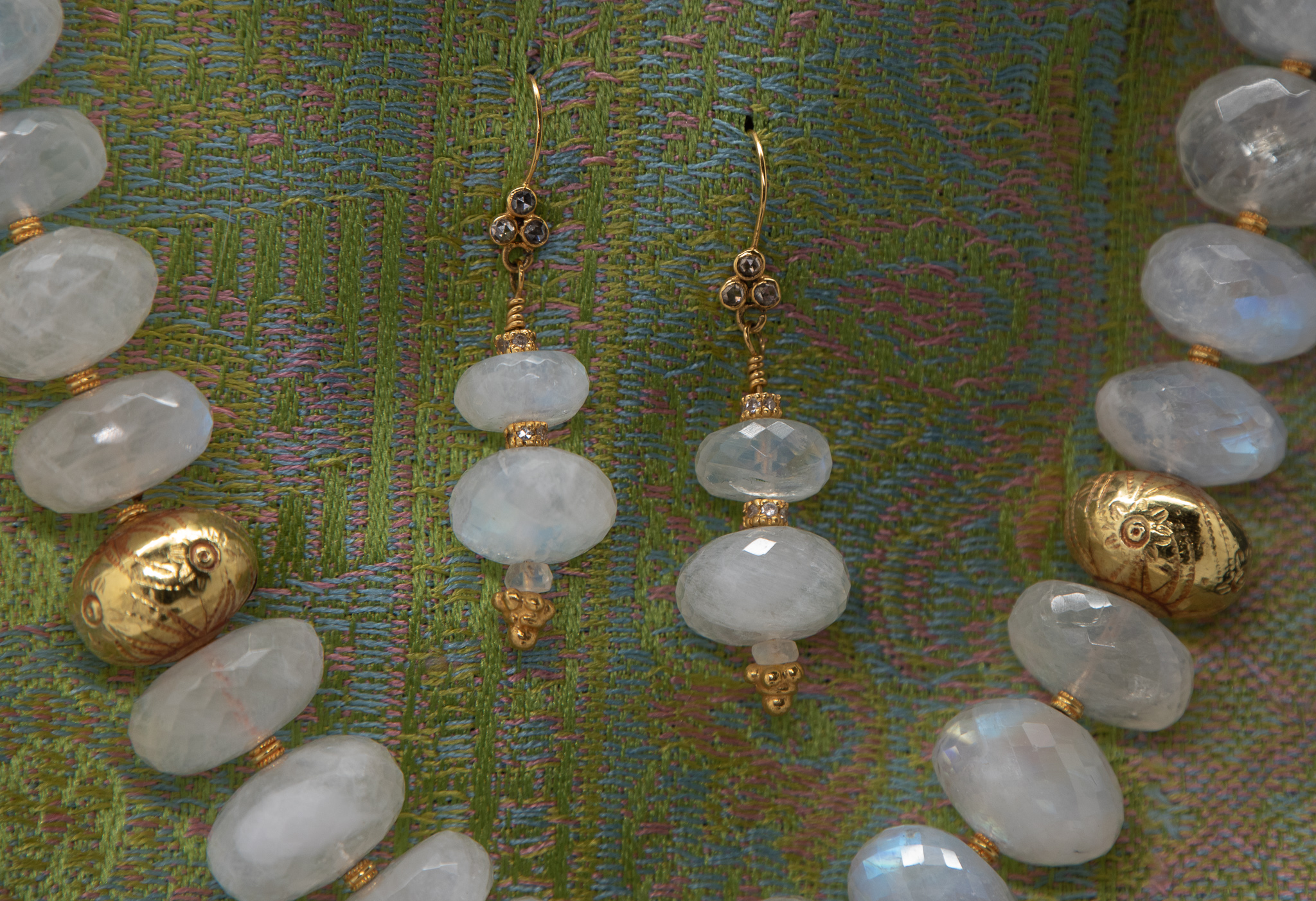 Moonstone dangle earrings 18K gold and diamond accents