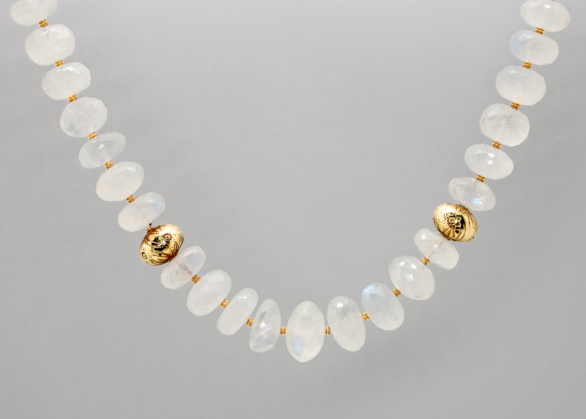 Rainbow flash moonstone faceted rondelle necklace with 18K gold accents