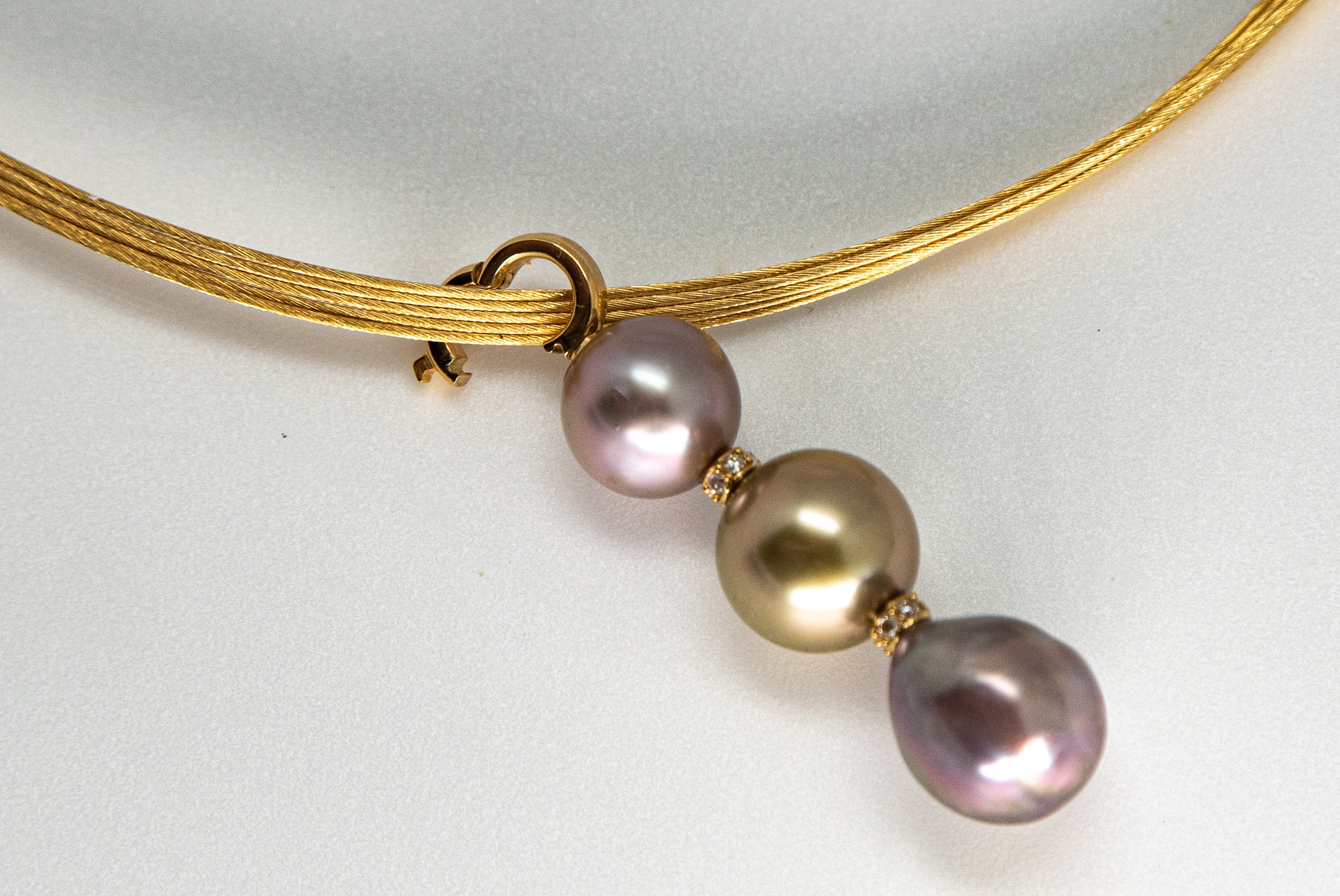 Three Pearl Pendant showing opened bale on 18K gold choker