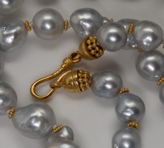 22K gold clasp on silvery south sea pearl necklace with 22K gold spacers