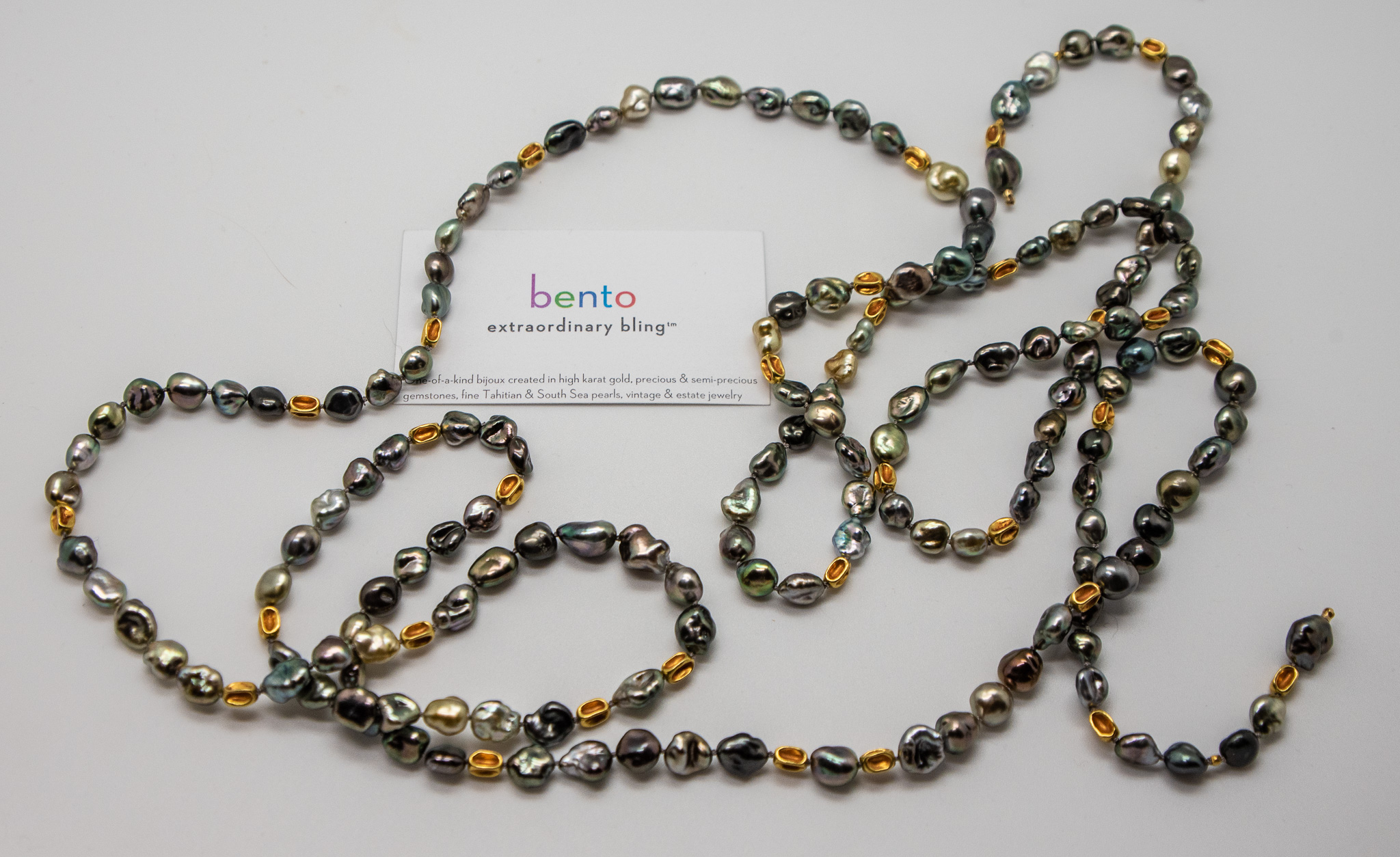 Eighty-five inches of Tahitian pearl bliss - Keshi pearls with 18K gold accent beads and bento signature clasp