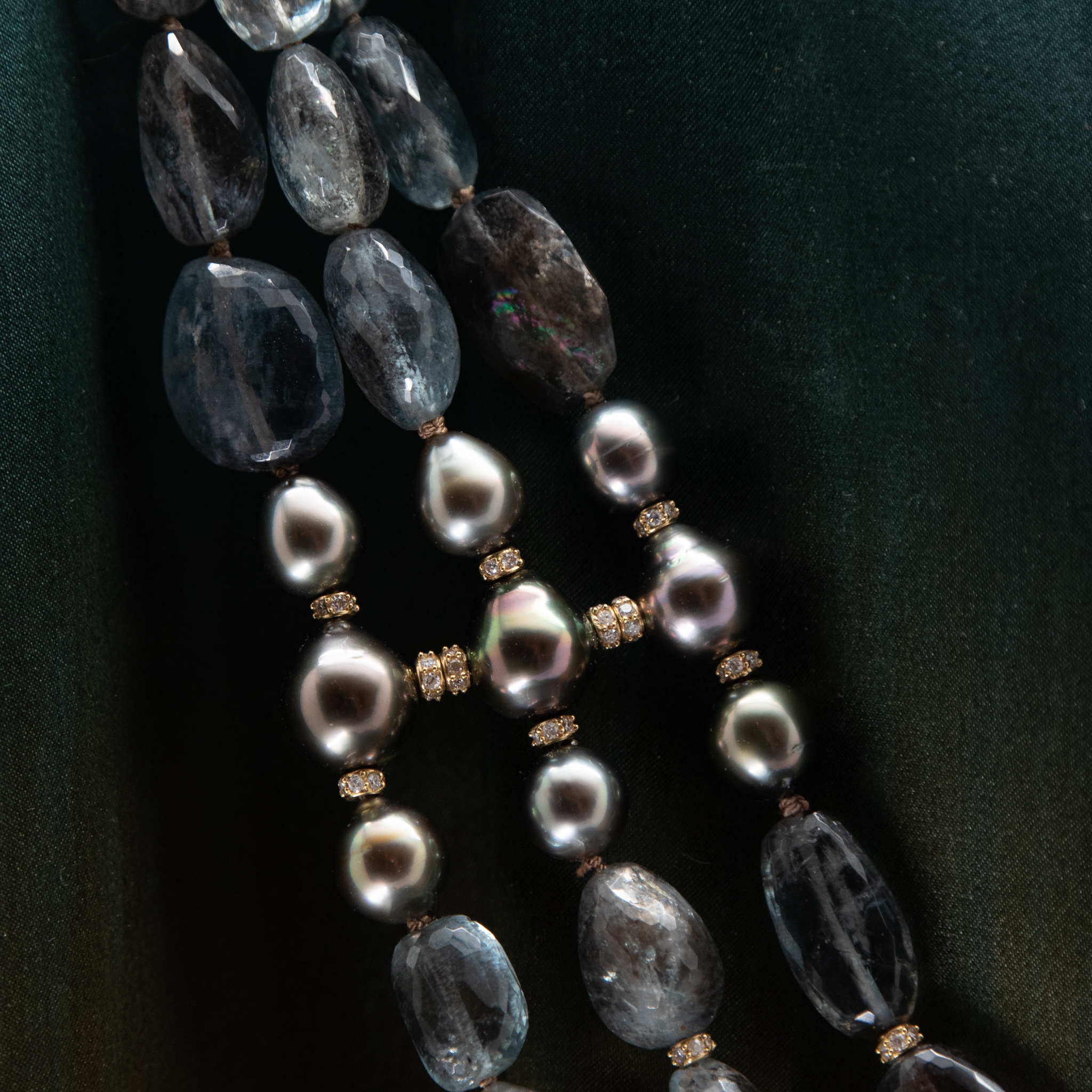 Detail photo of Tahitian pearl spacing bridge for aquamarine nugget necklace