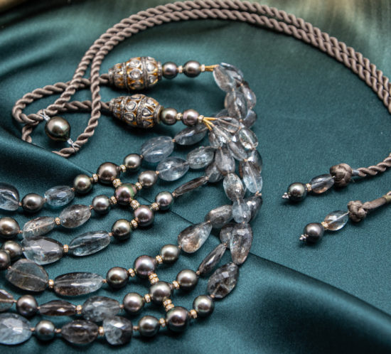 Details of Tahitian Pearl and Moss Aqua necklace