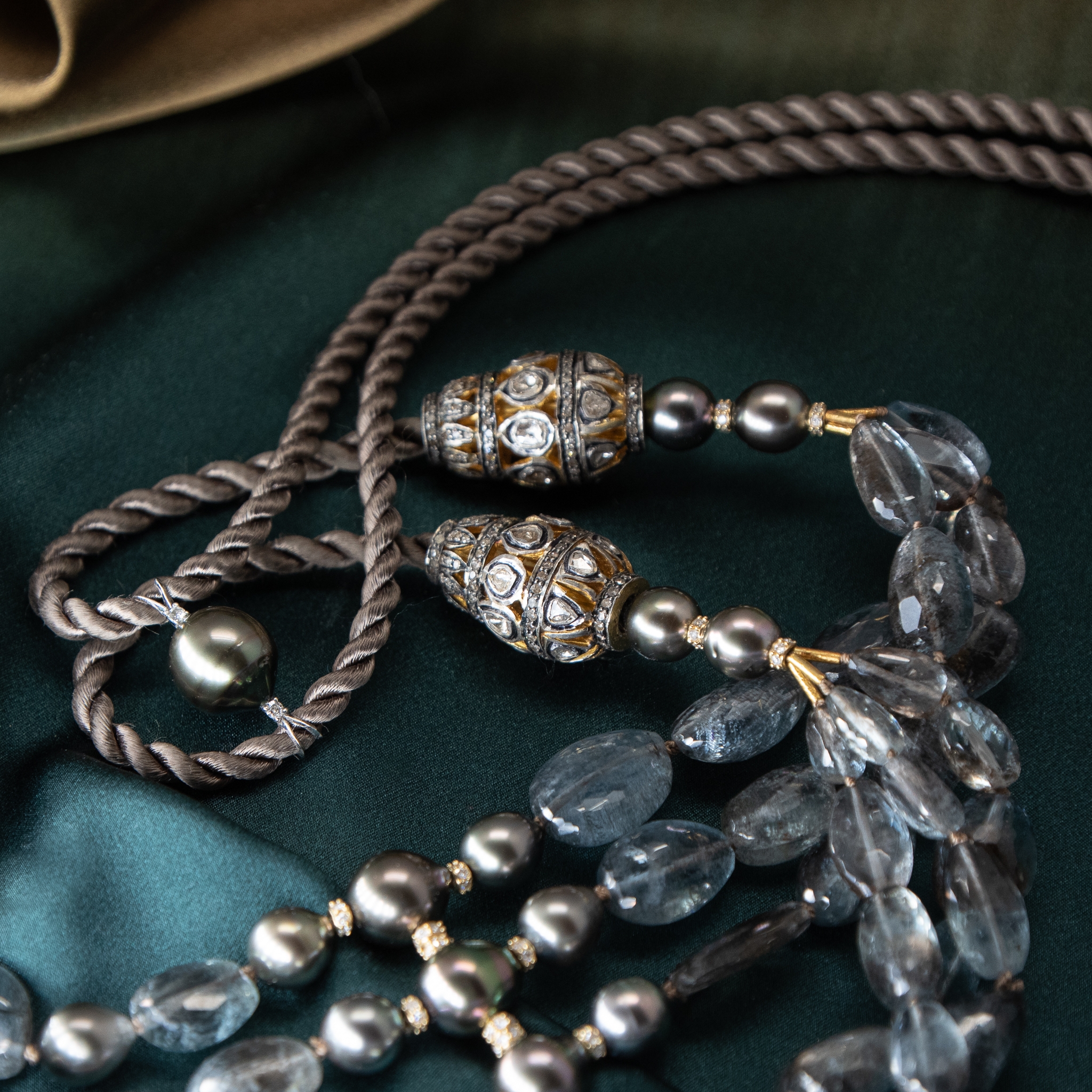 Slider clasp and detail of Tahitian pearl and Moss Aquamarine necklace