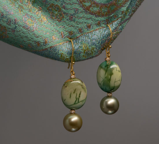 11mm pistachio colored Tahitian pearl earrings with Royal Mountain Turquoise, 18K gold and diamonds