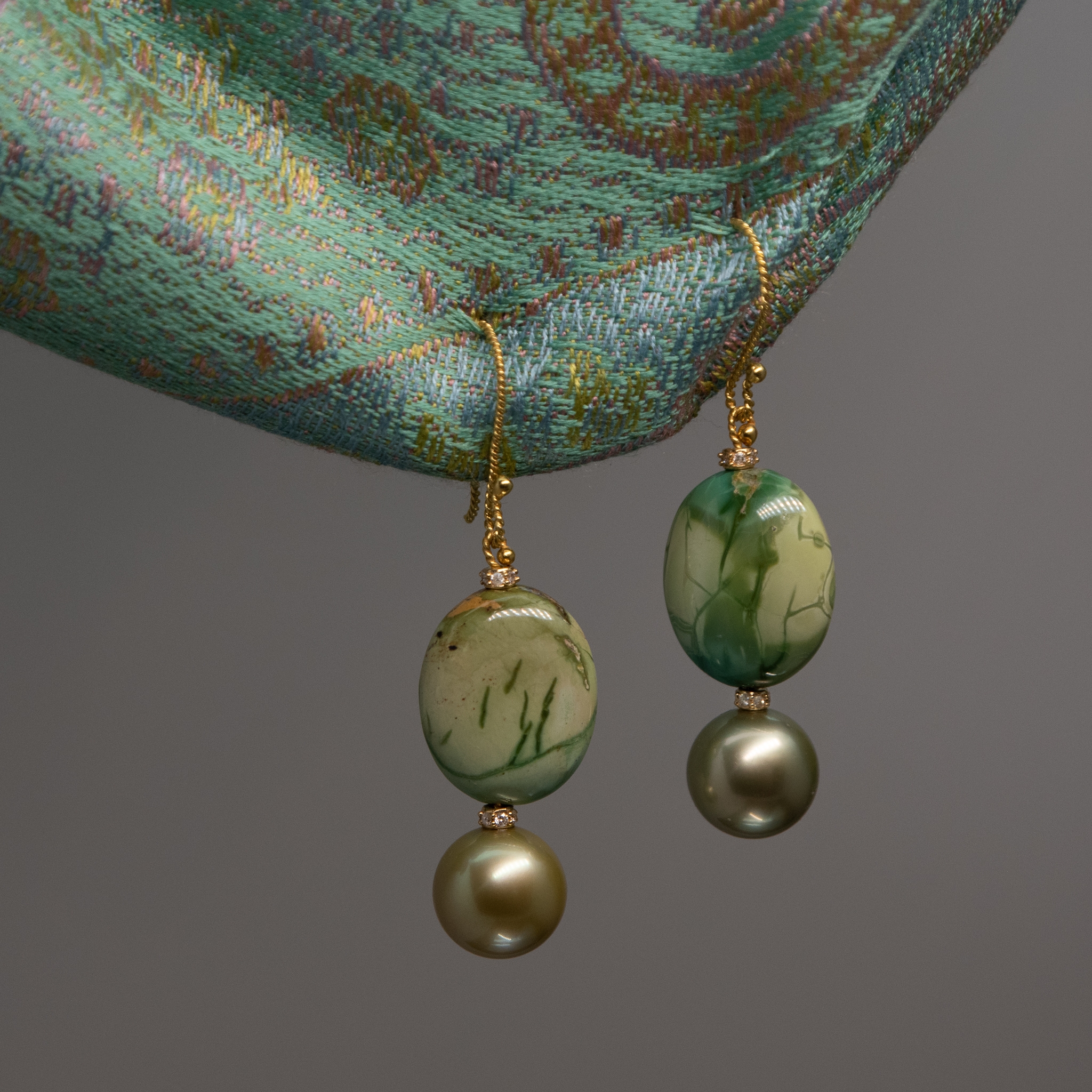 11mm pistachio colored Tahitian pearl earrings with Royal Mountain Turquoise, 18K gold and diamonds