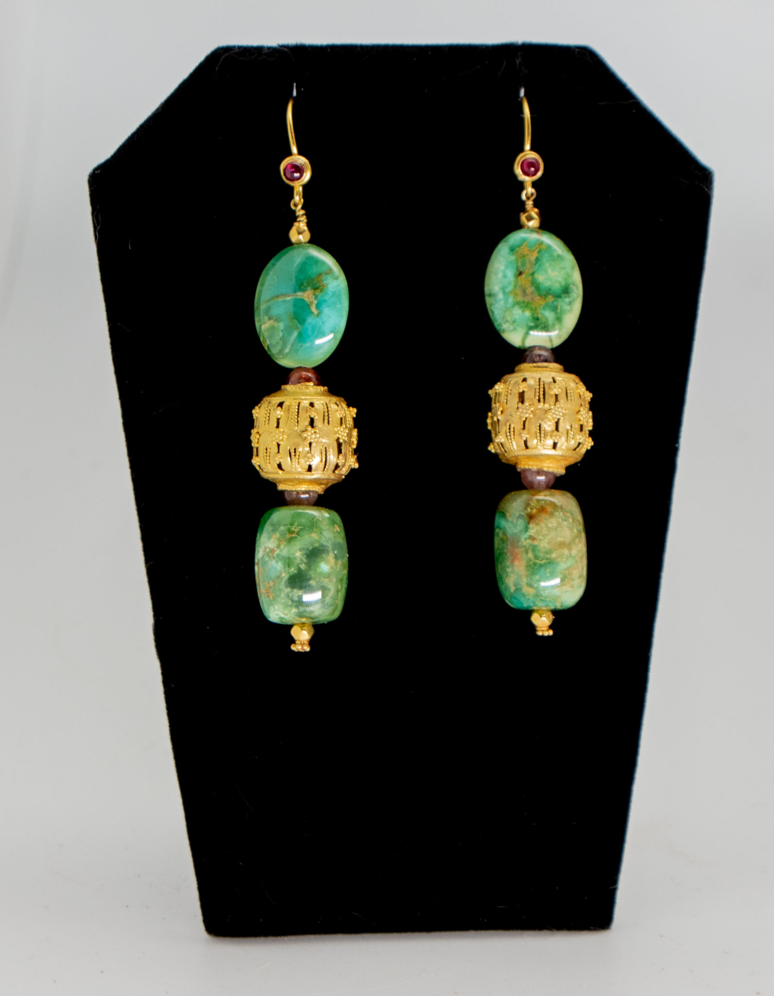 turquoise long drop earrings with 20K gold beads and ruby cabochon wires