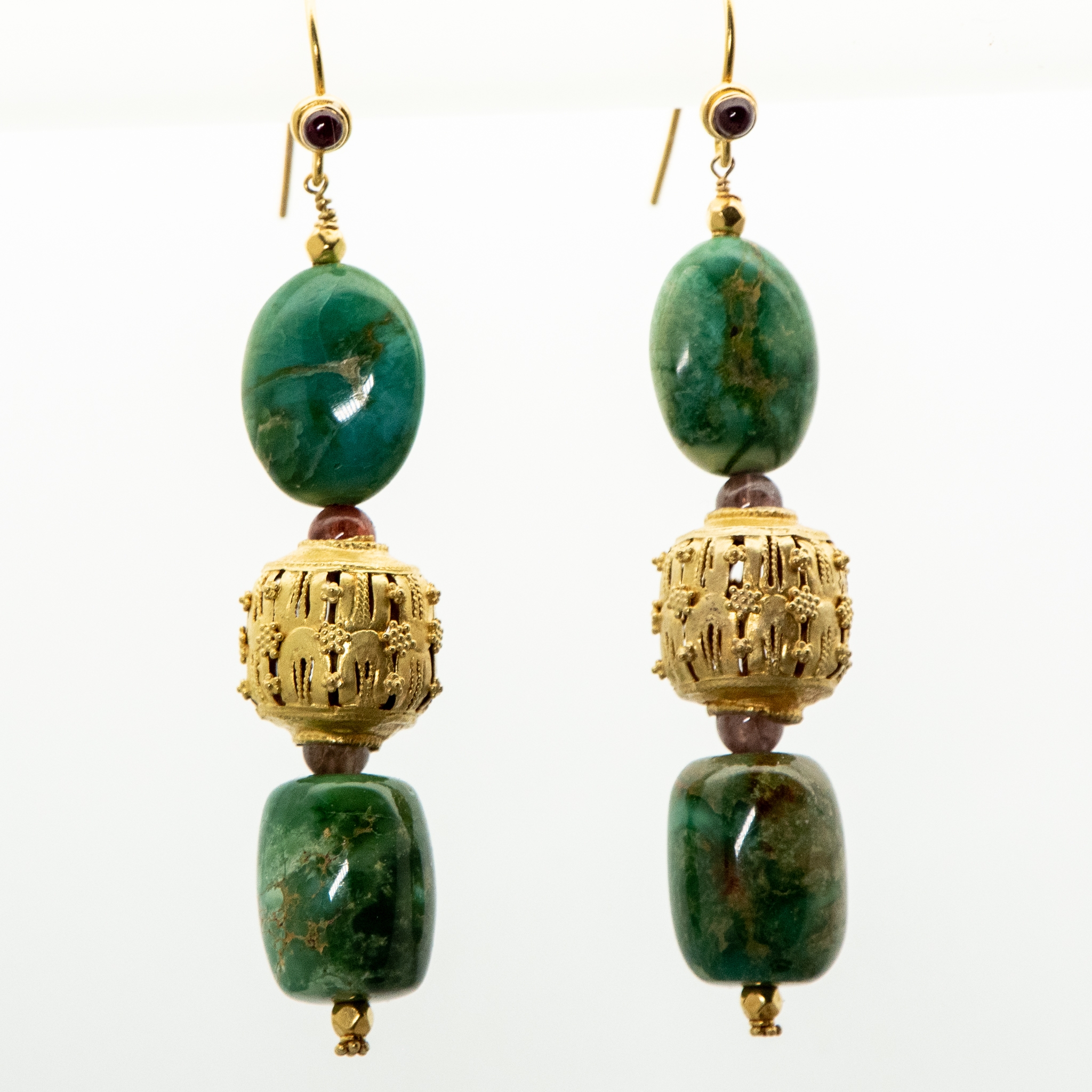 Turquoise earrings with 20K gold taru sake shaped beads