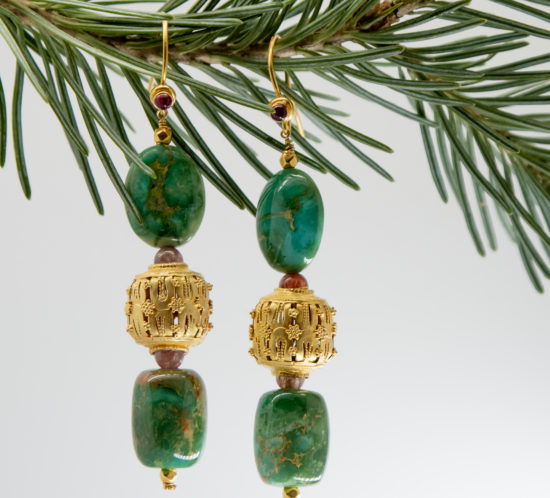 Turquoise earrings with high karat gold beads